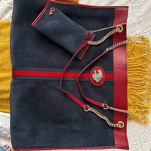 Gucci Rajah Large Tote in Navy Suede Red Leather